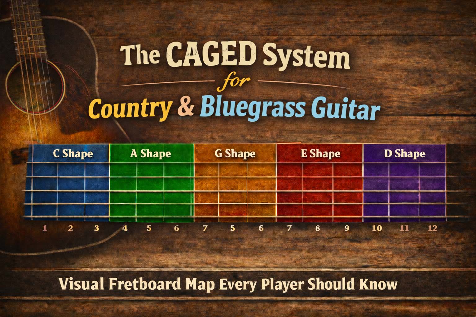 CAGED system fretboard map for country and bluegrass guitar
