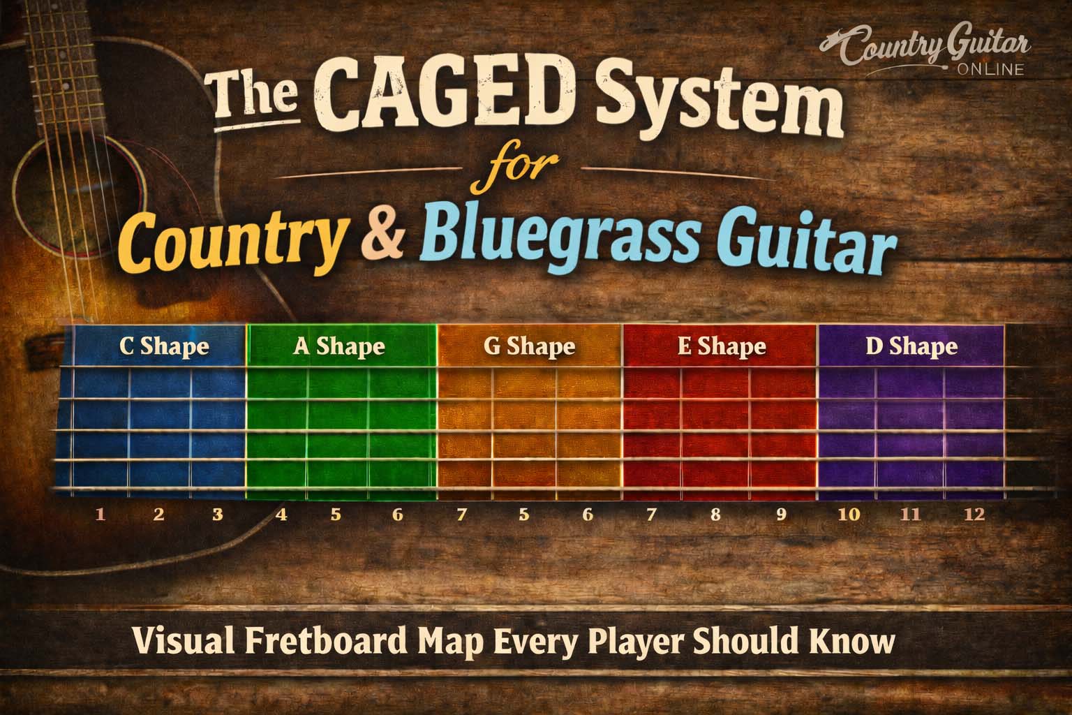 CAGED system fretboard map for country and bluegrass guitar